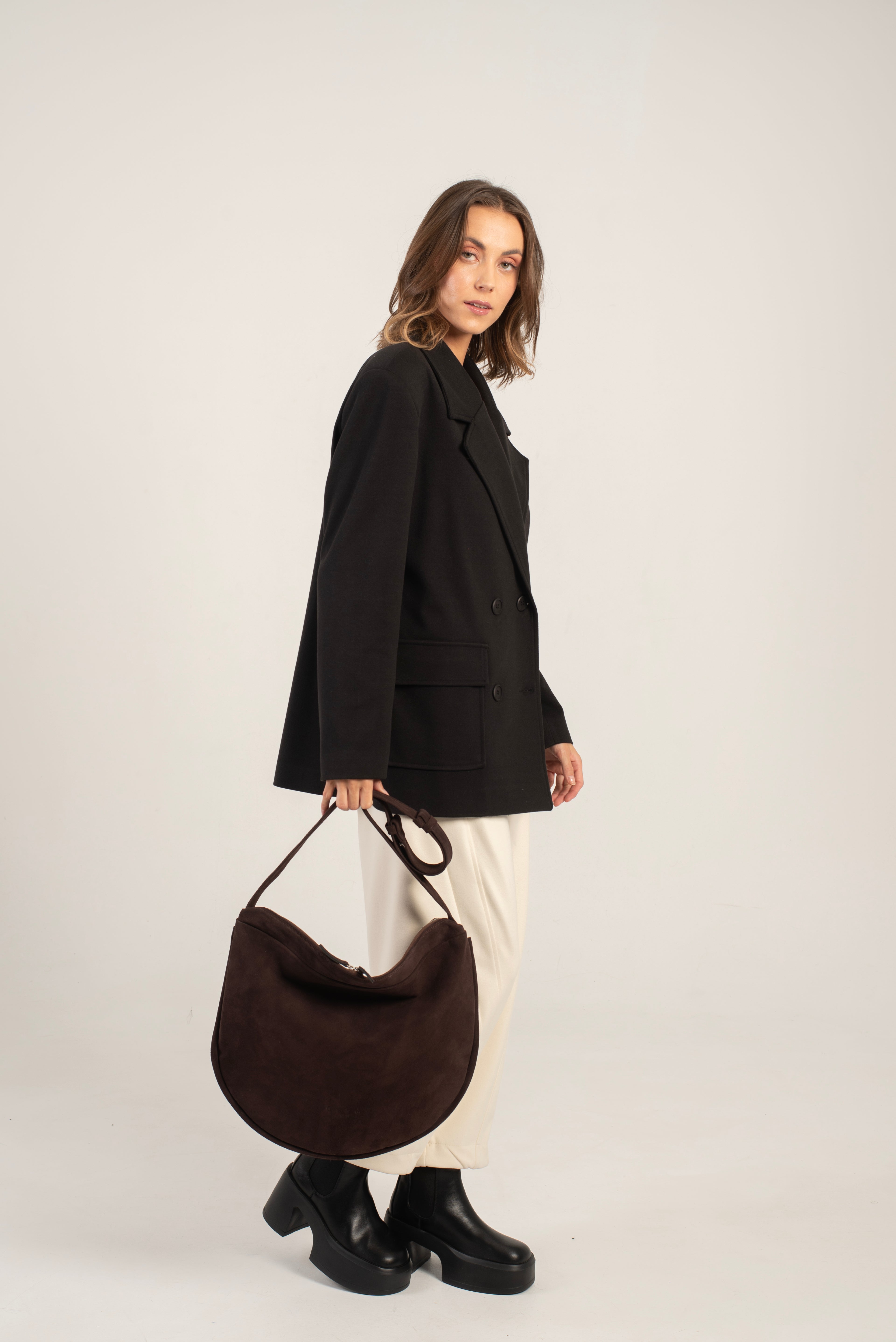 Aspa Shoulder/Crossbody Bag Dark Brown Suede