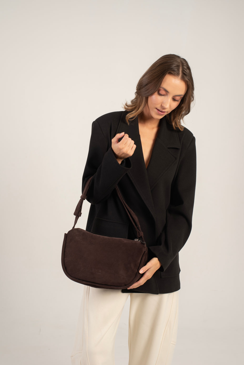 Mingus Shoulder/Cross Body Bag Dark Brown Suede